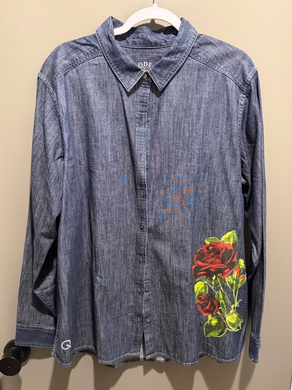Denim Button-Down Shirt with Red Rose- Women